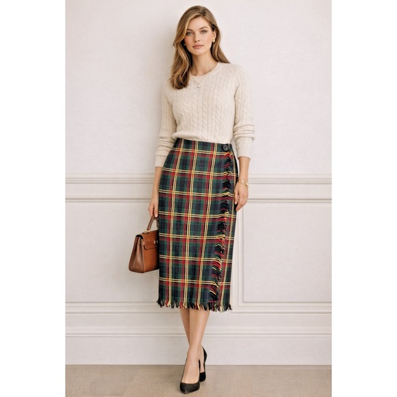 Preston & York Dresses & Skirts - Preston & York Vintage Wool Plaid Wrap Skirt Fringe Classic Tartan Midi 10